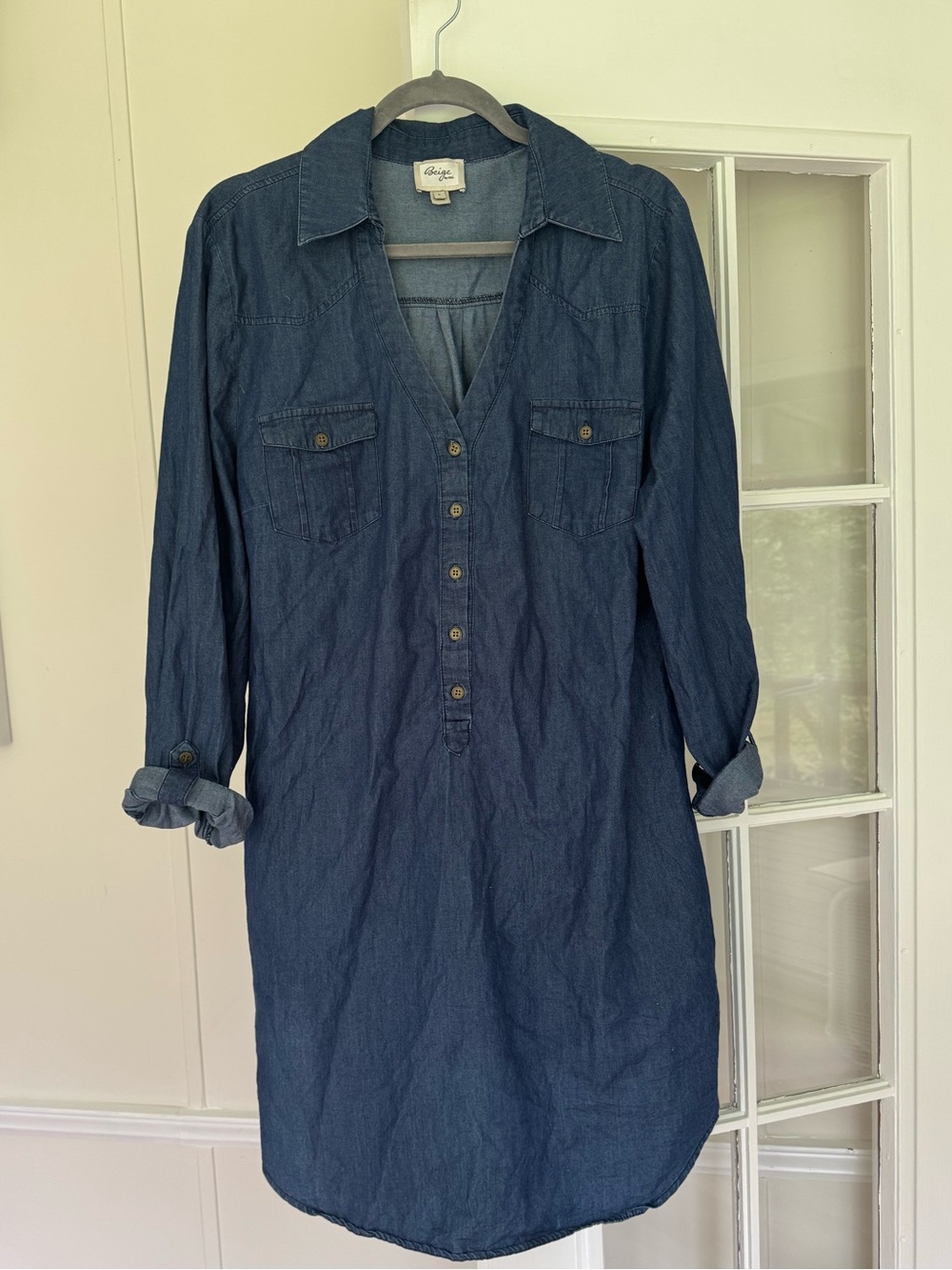 Eci Button Up Denim Dress | V Neck | Large